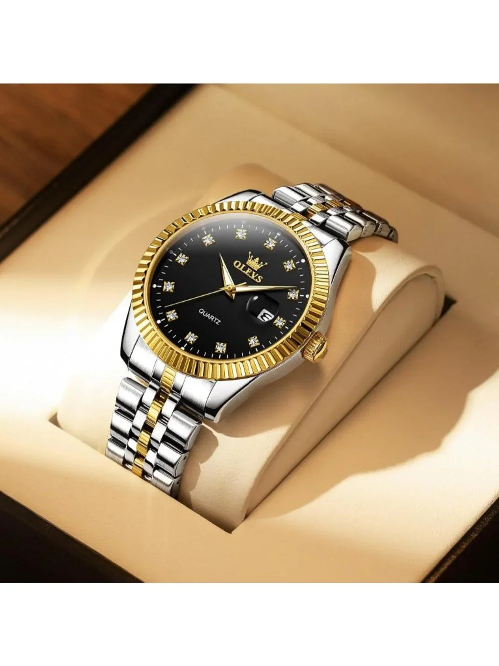 Olevs Mens Silver Gold Luxury Black Dimond Dot Face Analog Quartz Luminous Watch